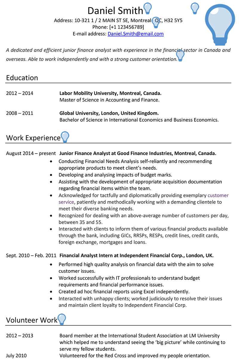 sample resume for jobs in canada