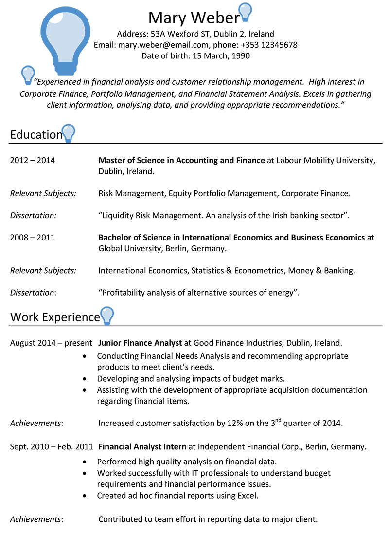 Ireland CV Sample CareerProfessor works