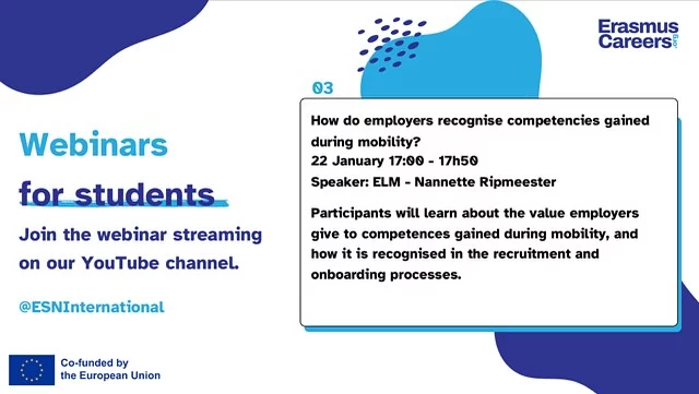 Join us to understand what employers value about study abroad. Do applicants with mobility experience have an advantage in the hiring process? And if yes, why? But if no, why not? Keen to find out? Join the webinar on the ESN YouTube channel this Wednesday.
#skills #whatgetsyouhired #jobs #employervoice #employability #recruitment #hiring #erasmuscareers
